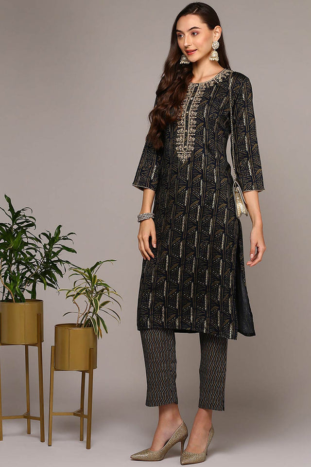 Blue Rayon Round Neck Kurti