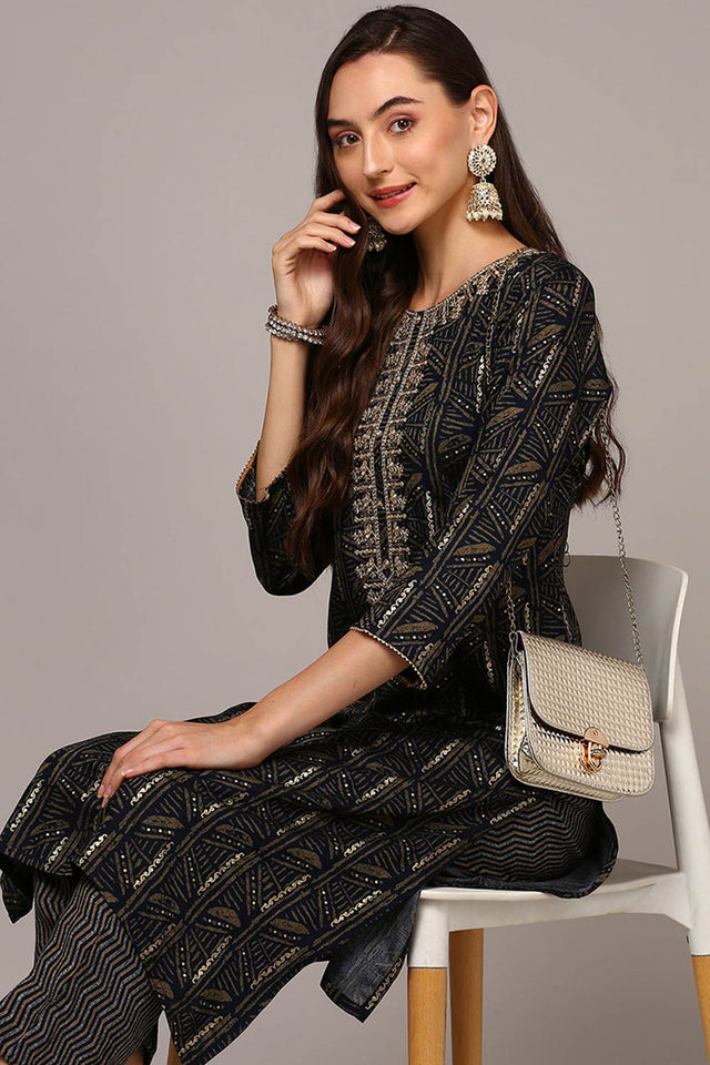 Blue Rayon Round Neck Kurti