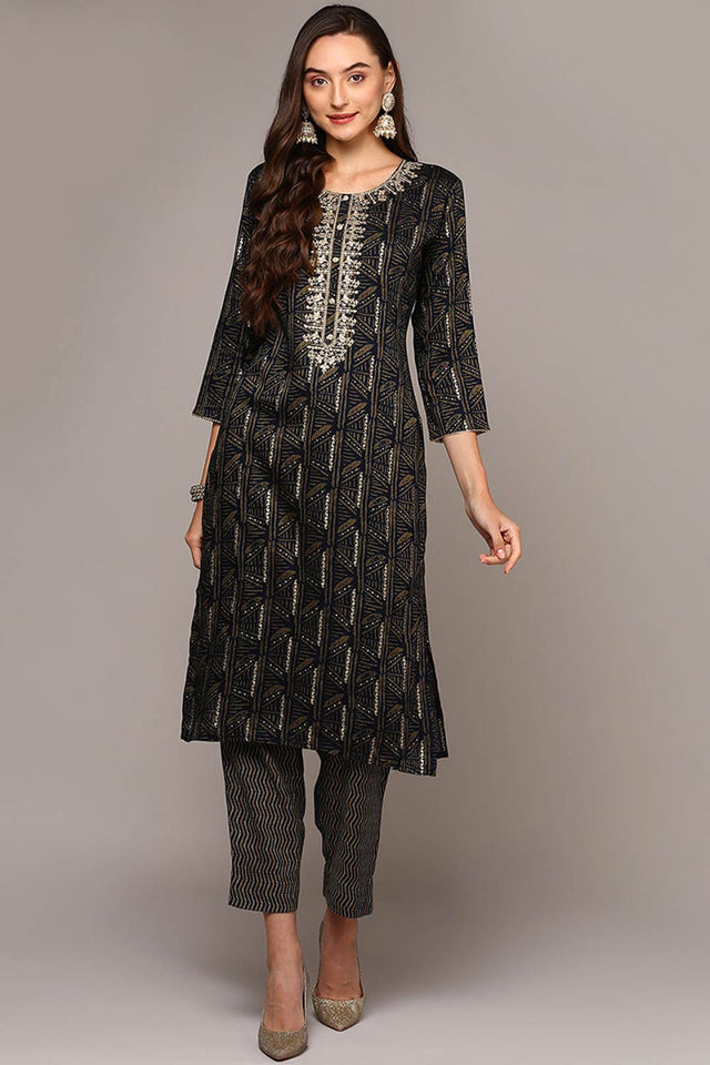 Blue Rayon Round Neck Kurti