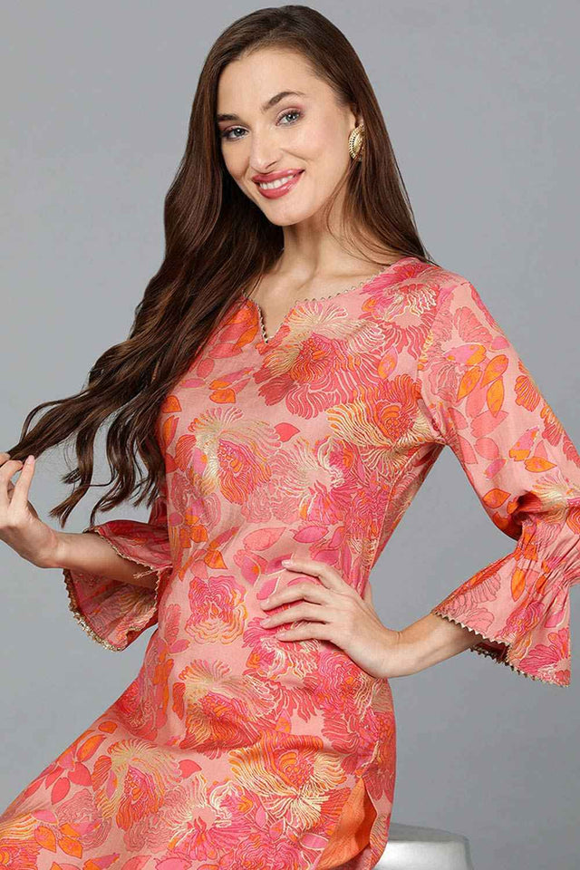 Pink Silk Blend Round Neck Kurti