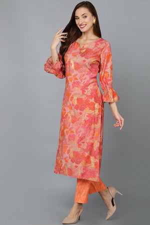 Pink Silk Blend Round Neck Kurti