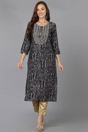 Blue Cotton Blend Printed Straight Kurti