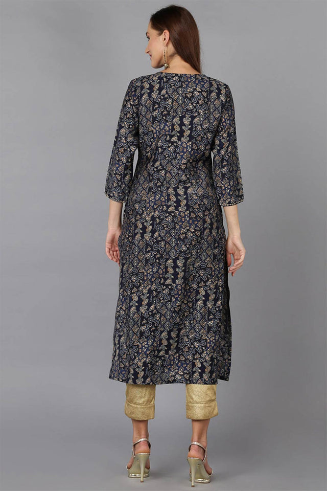 Blue Cotton Blend Printed Straight Kurti