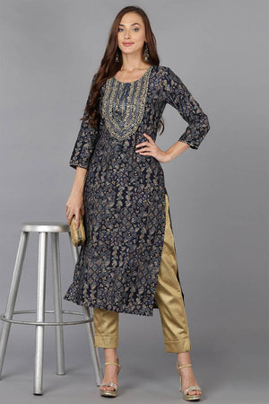 Blue Cotton Blend Printed Straight Kurti