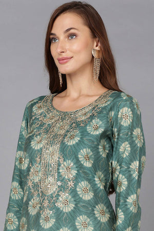 Green Silk Blend Round Neck Kurti