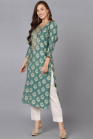 Green Silk Blend Round Neck Kurti