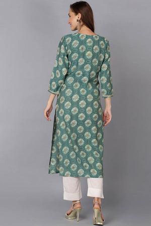 Green Silk Blend Round Neck Kurti