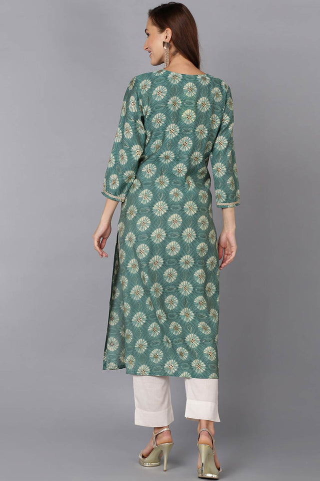 Green Silk Blend Round Neck Kurti