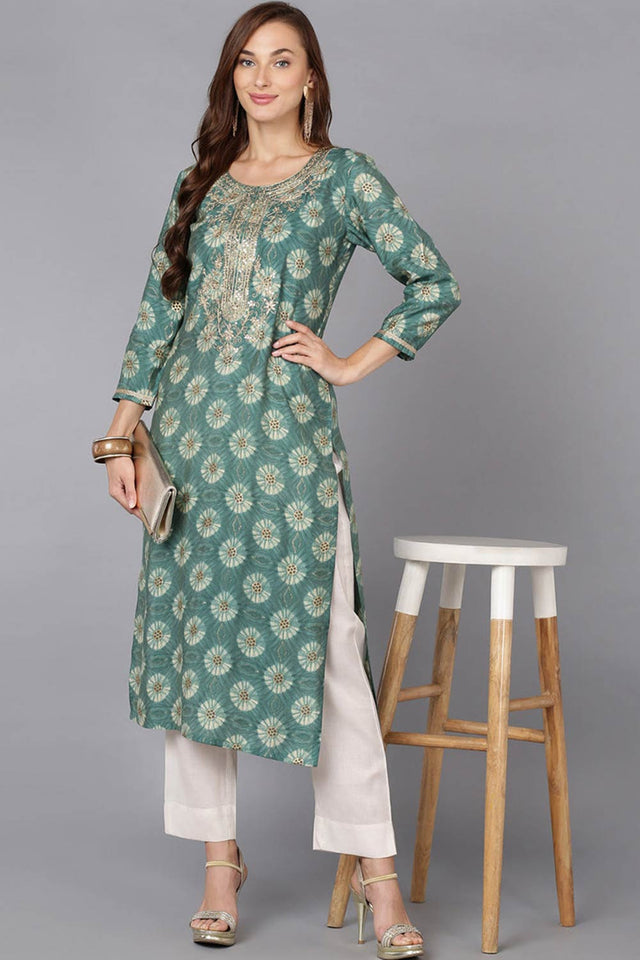 Green Silk Blend Round Neck Kurti
