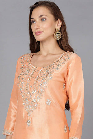 Pink Silk Blend Round Neck Kurti