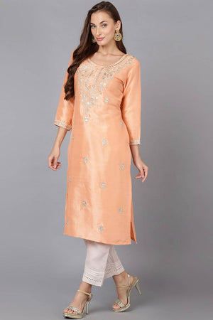 Pink Silk Blend Round Neck Kurti
