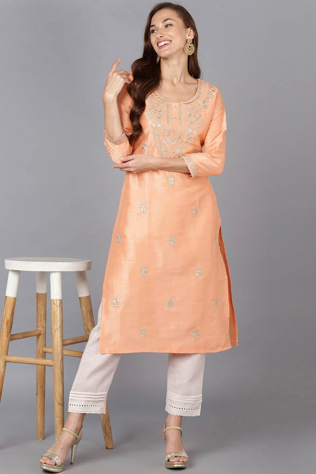 Pink Silk Blend Round Neck Kurti