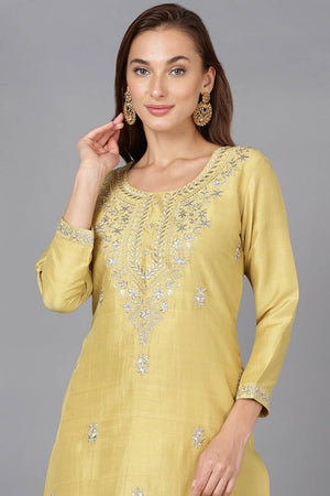 Yellow Silk Blend Round Neck Kurti