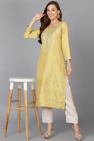 Yellow Silk Blend Round Neck Kurti