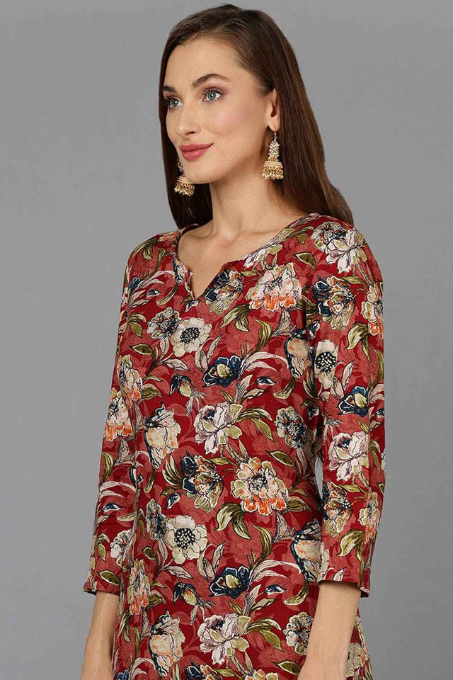 Red Cotton Embroidered Round Neck Kurti