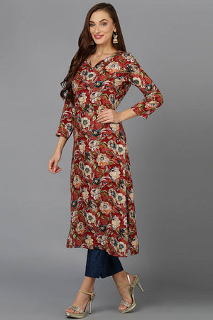 Red Cotton Embroidered Round Neck Kurti