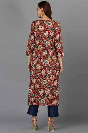Red Cotton Embroidered Round Neck Kurti
