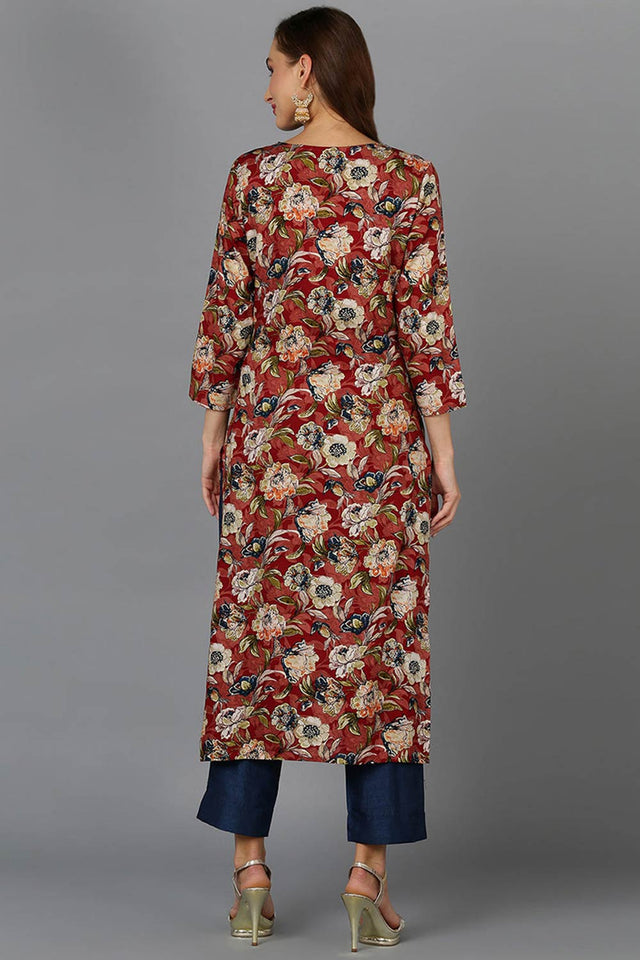 Red Cotton Embroidered Round Neck Kurti
