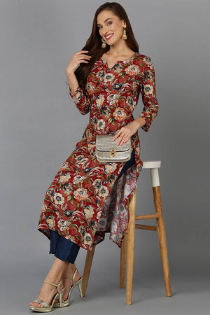 Red Cotton Embroidered Round Neck Kurti