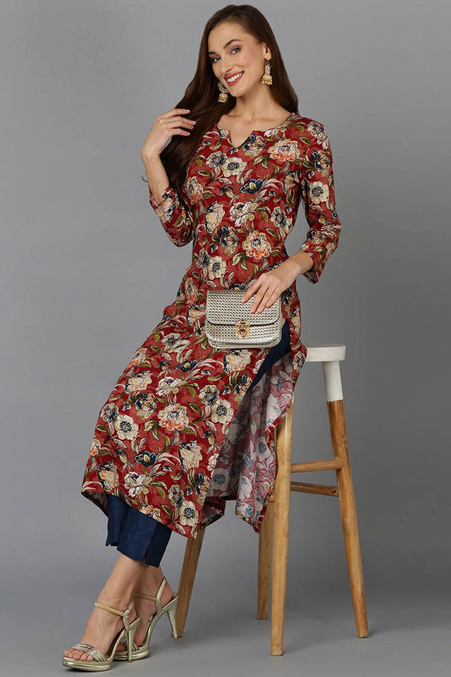 Red Cotton Embroidered Round Neck Kurti