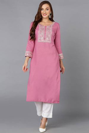 Pink Rayon Embroidered Round Neck Kurti