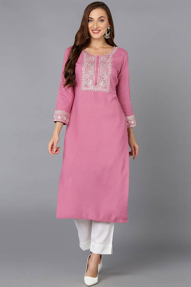 Pink Rayon Embroidered Round Neck Kurti