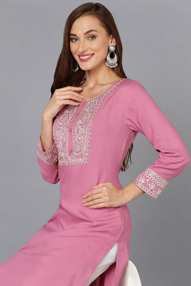 Pink Rayon Embroidered Round Neck Kurti