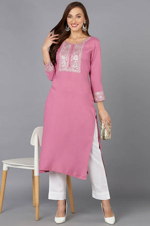 Pink Rayon Embroidered Round Neck Kurti