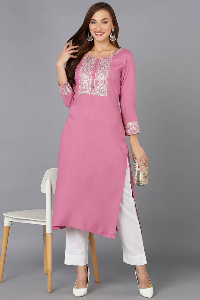 Pink Rayon Embroidered Round Neck Kurti