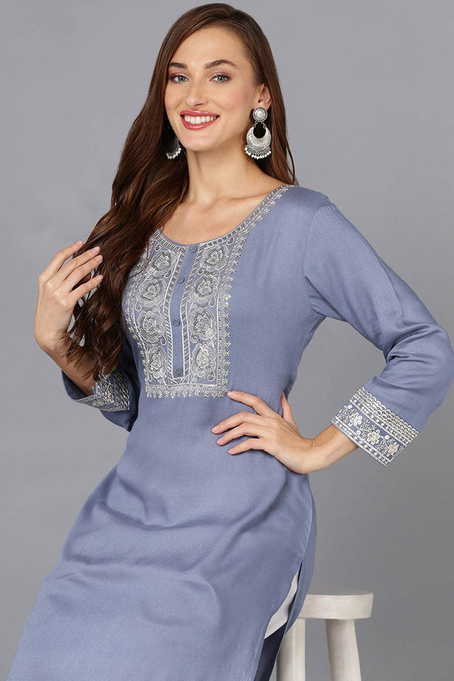 Blue Rayon Embroidered Round Neck Kurti