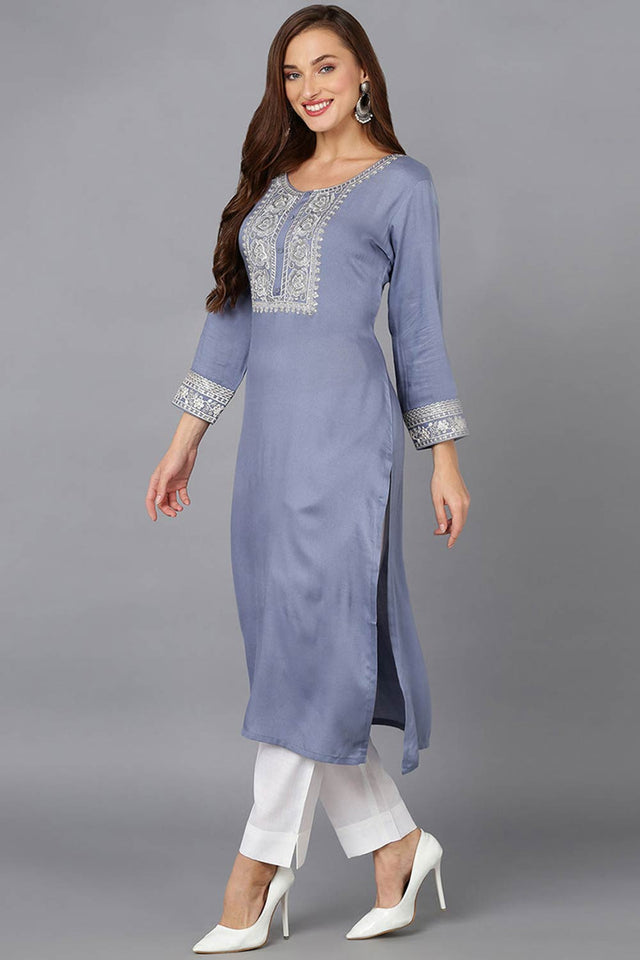 Blue Rayon Embroidered Round Neck Kurti