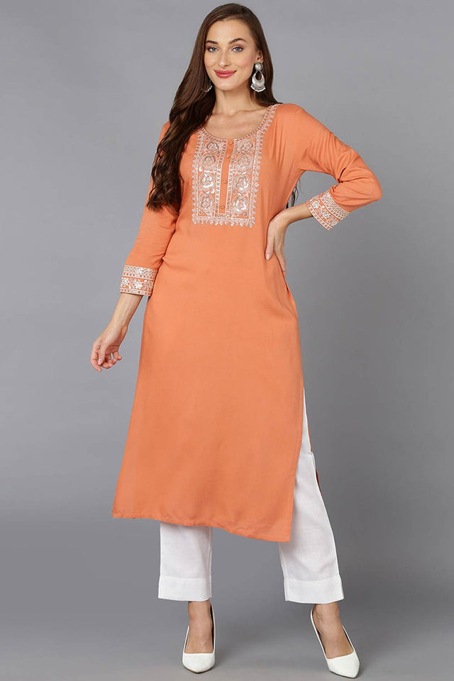 pink Rayon Floral Print Round Neck Kurti