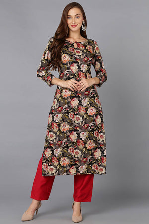Black Cotton Floral Straight Kurti
