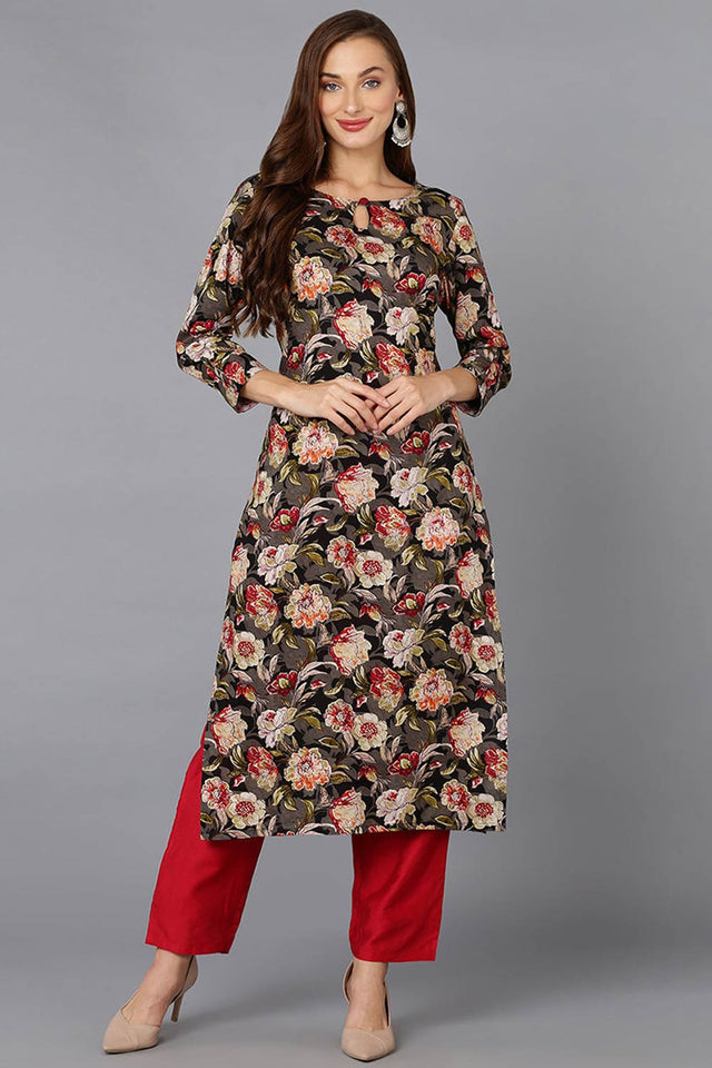 Black Cotton Floral Straight Kurti