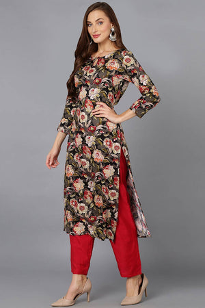 Black Cotton Floral Straight Kurti