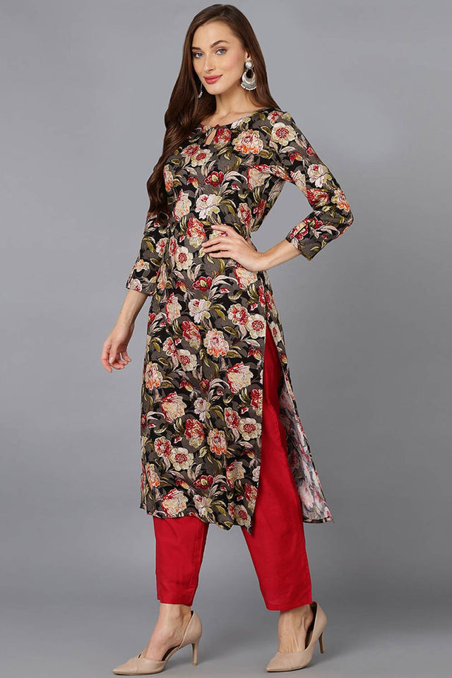 Black Cotton Floral Straight Kurti