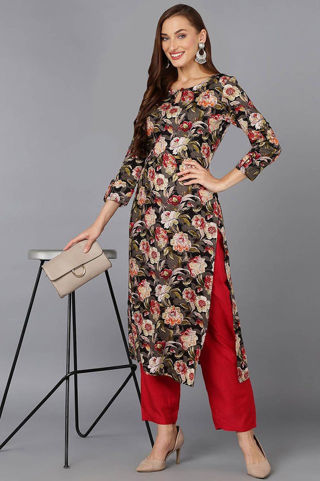 Black Cotton Floral Straight Kurti