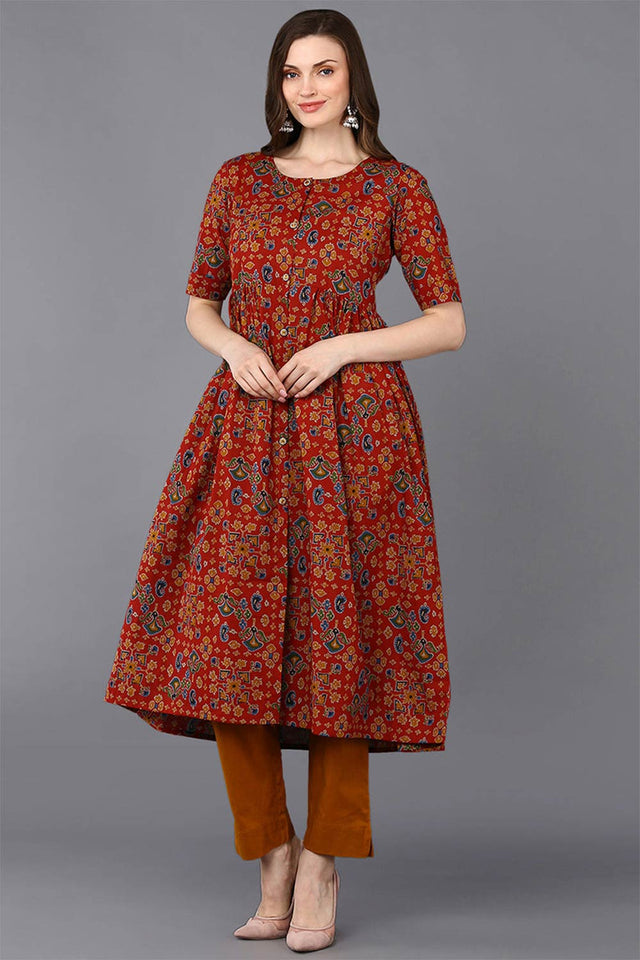 Red Cotton Bandhani Round Neck Kurti