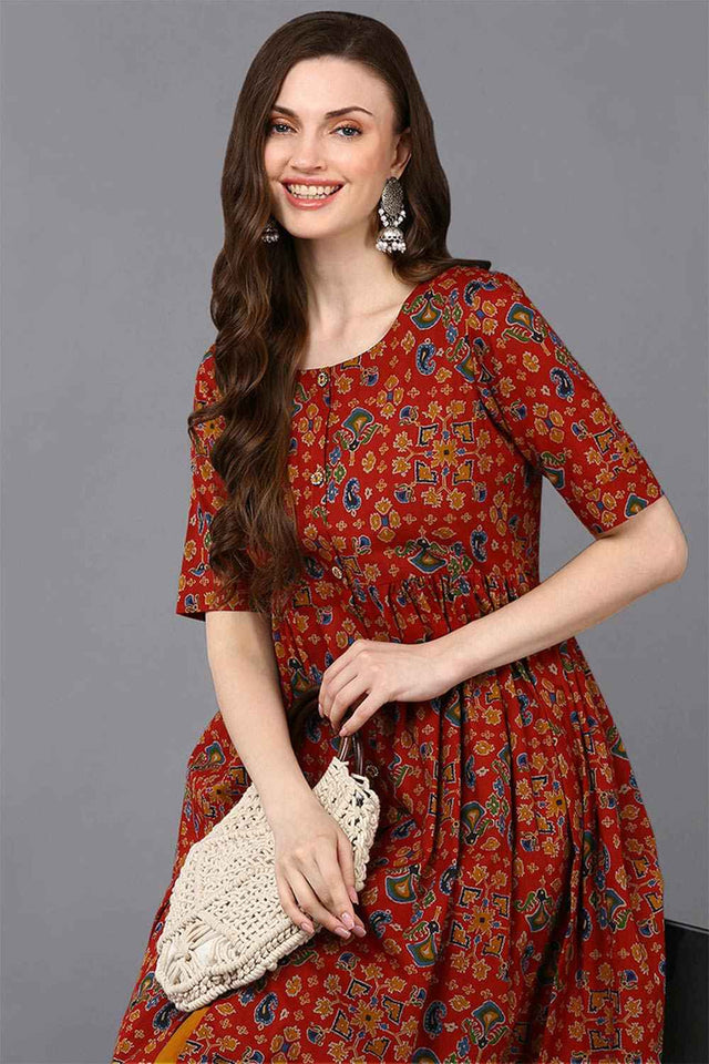 Red Cotton Bandhani Round Neck Kurti