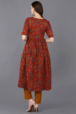 Red Cotton Bandhani Round Neck Kurti