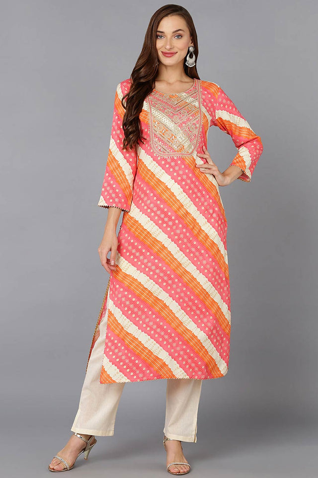 Pink Cotton Floral Print Round Neck Kurti