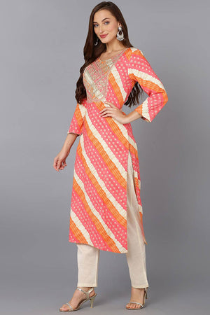 Pink Cotton Floral Print Round Neck Kurti