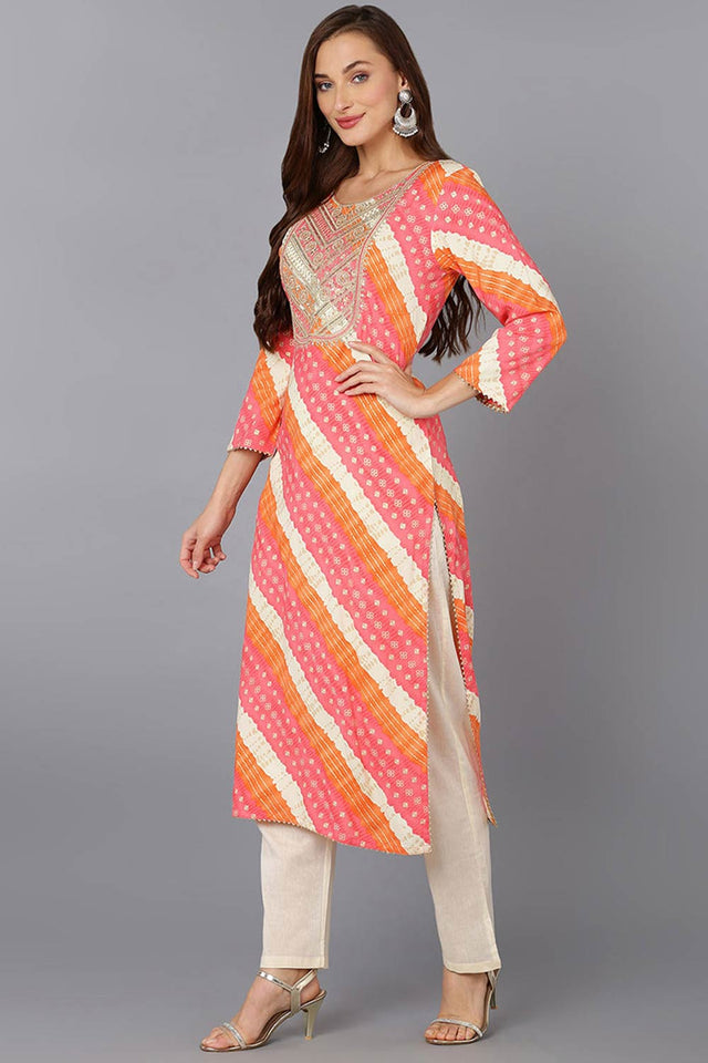 Pink Cotton Floral Print Round Neck Kurti