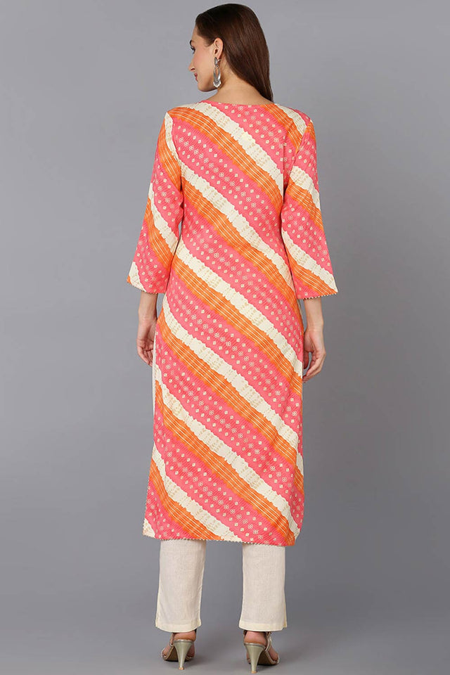 Pink Cotton Floral Print Round Neck Kurti