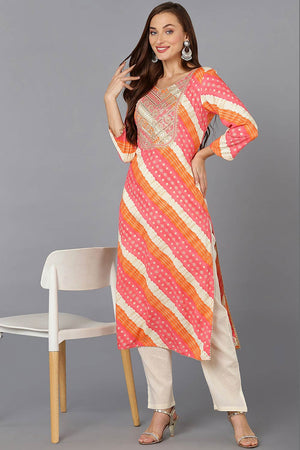 Pink Cotton Floral Print Round Neck Kurti