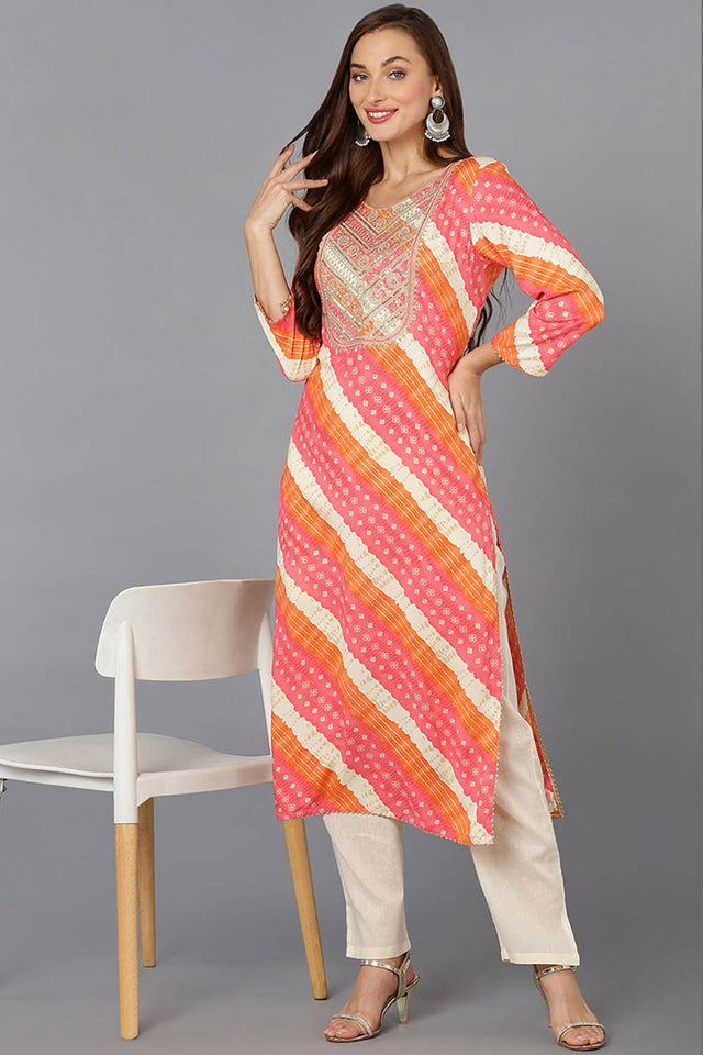 Pink Cotton Floral Print Round Neck Kurti