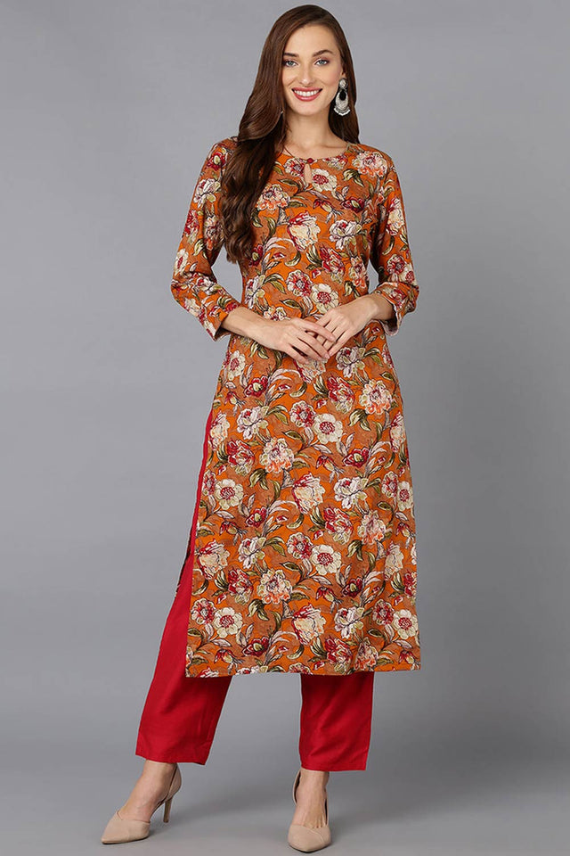 Orange Cotton Floral Print Keyhole Neck Kurti