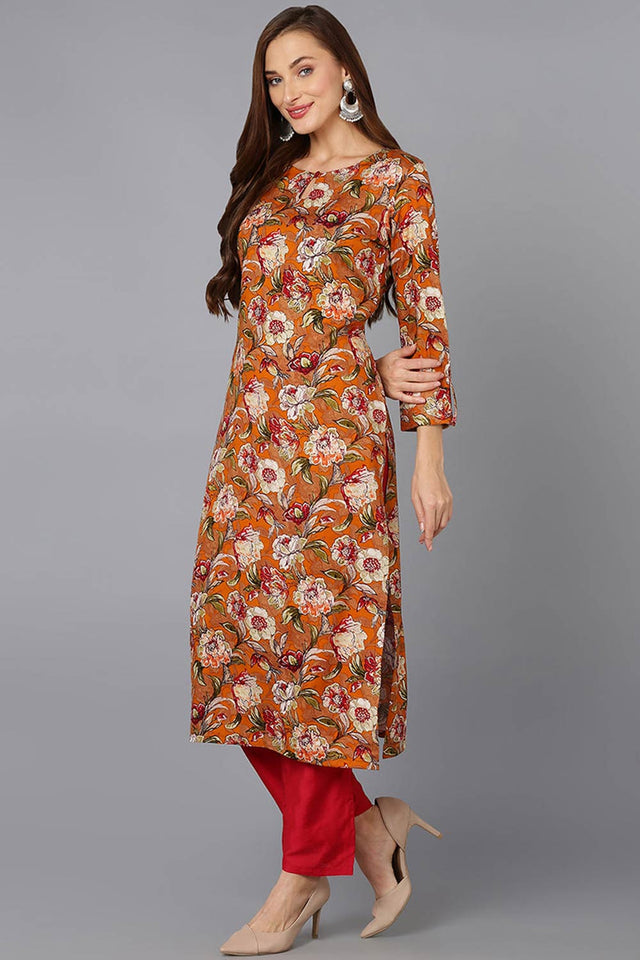 Orange Cotton Floral Print Keyhole Neck Kurti