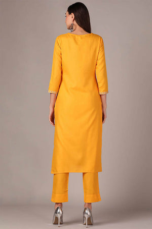 Yellow Cotton Floral Straight Kurti
