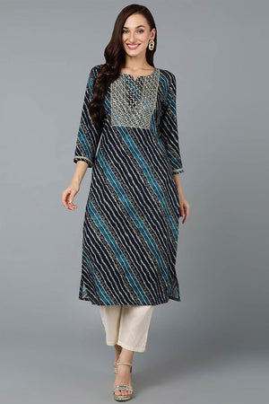 Blue Cotton Printed Straight Kurti